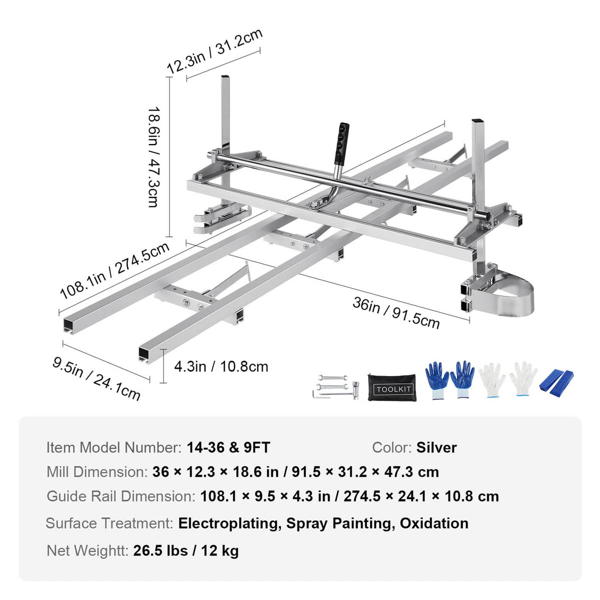 Chainsaw mill guide system with included toolkit, gloves, and dimension details