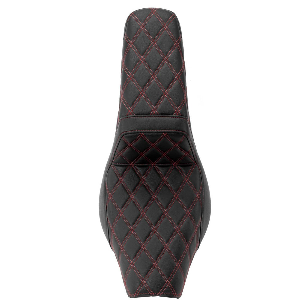 Motorcycle 2-up seat rear view, black with red diamond-pattern quilting