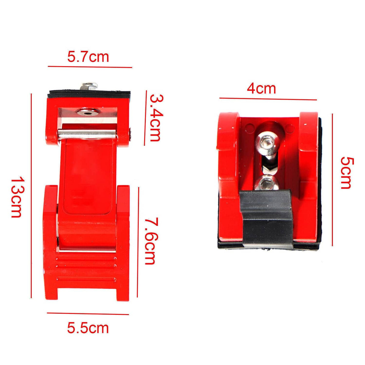 Red hood latch lock assembly with black striker pad and adjustable base, side view