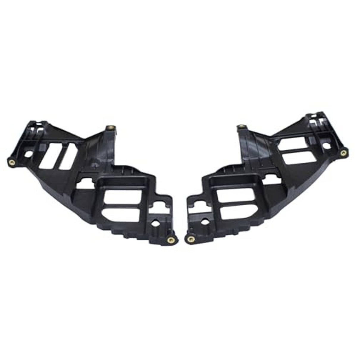 Pair of front headlight guide support brackets with mounting tabs, black plastic
