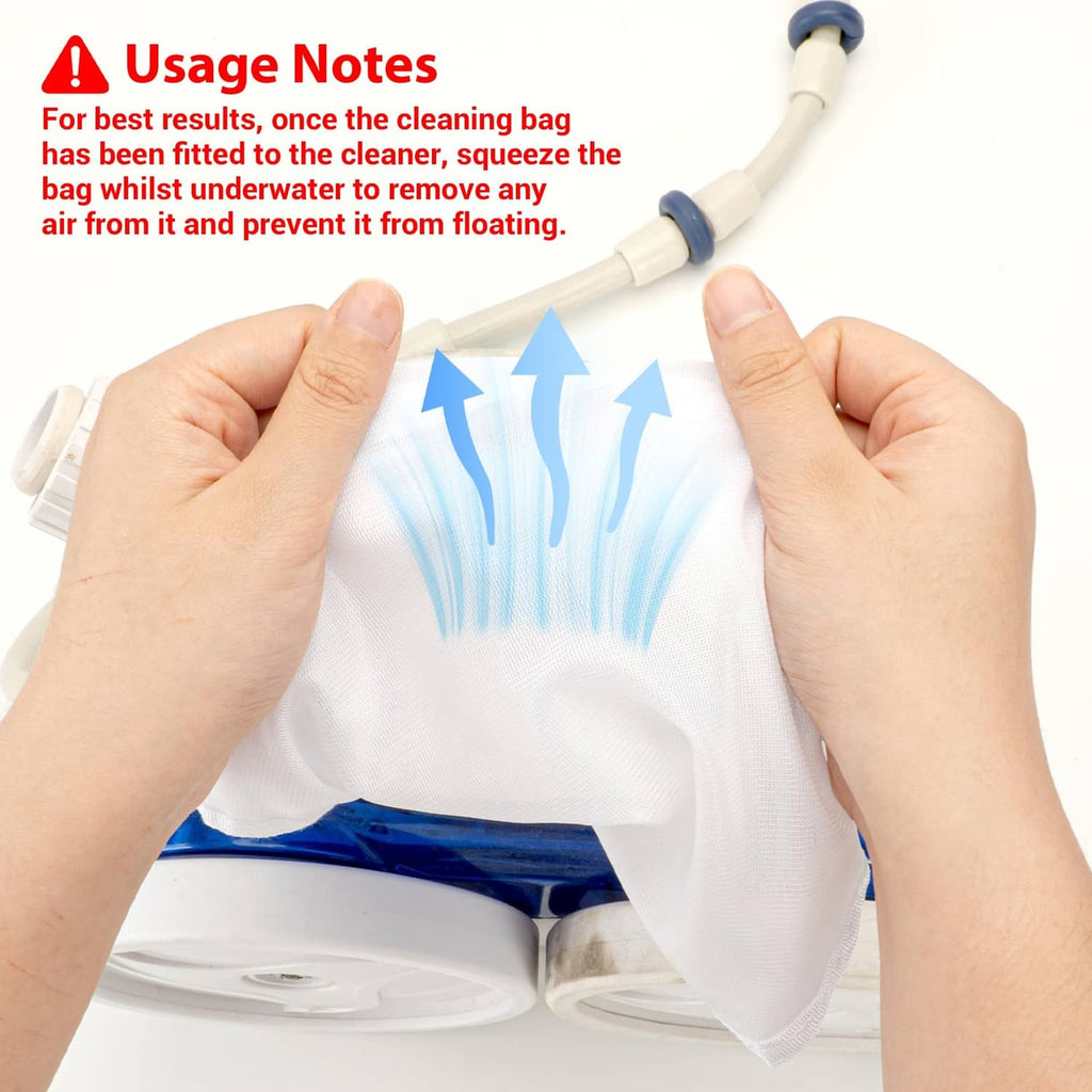 White filter bag being squeezed over a pool vacuum hose connector