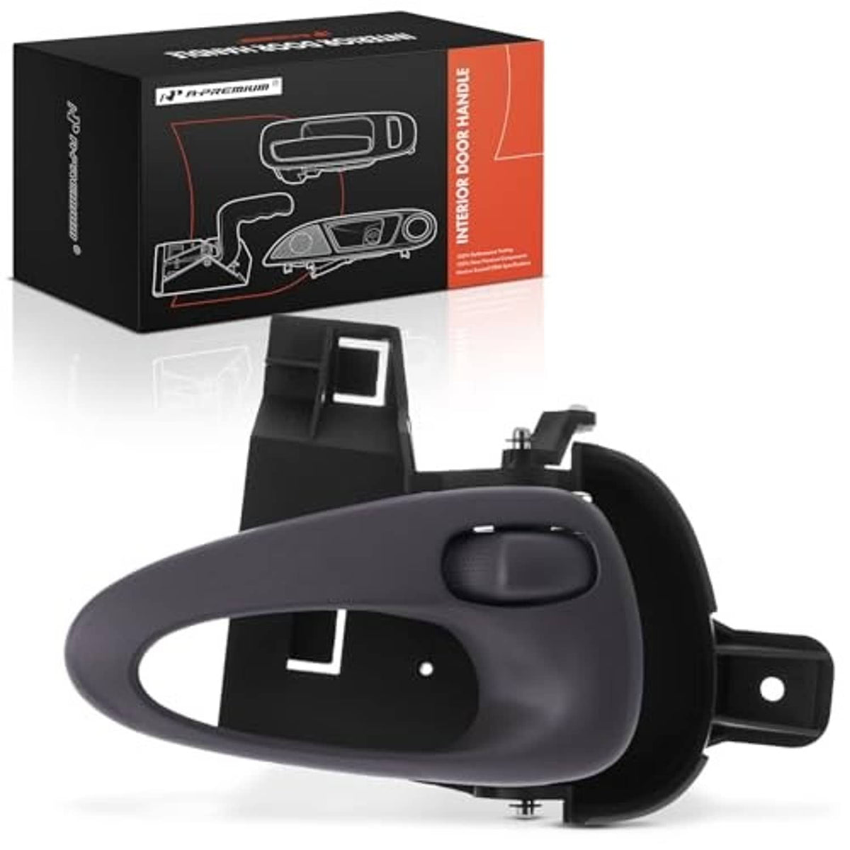 Front left interior door handle, dark gray plastic with mounted bracket and oval switch