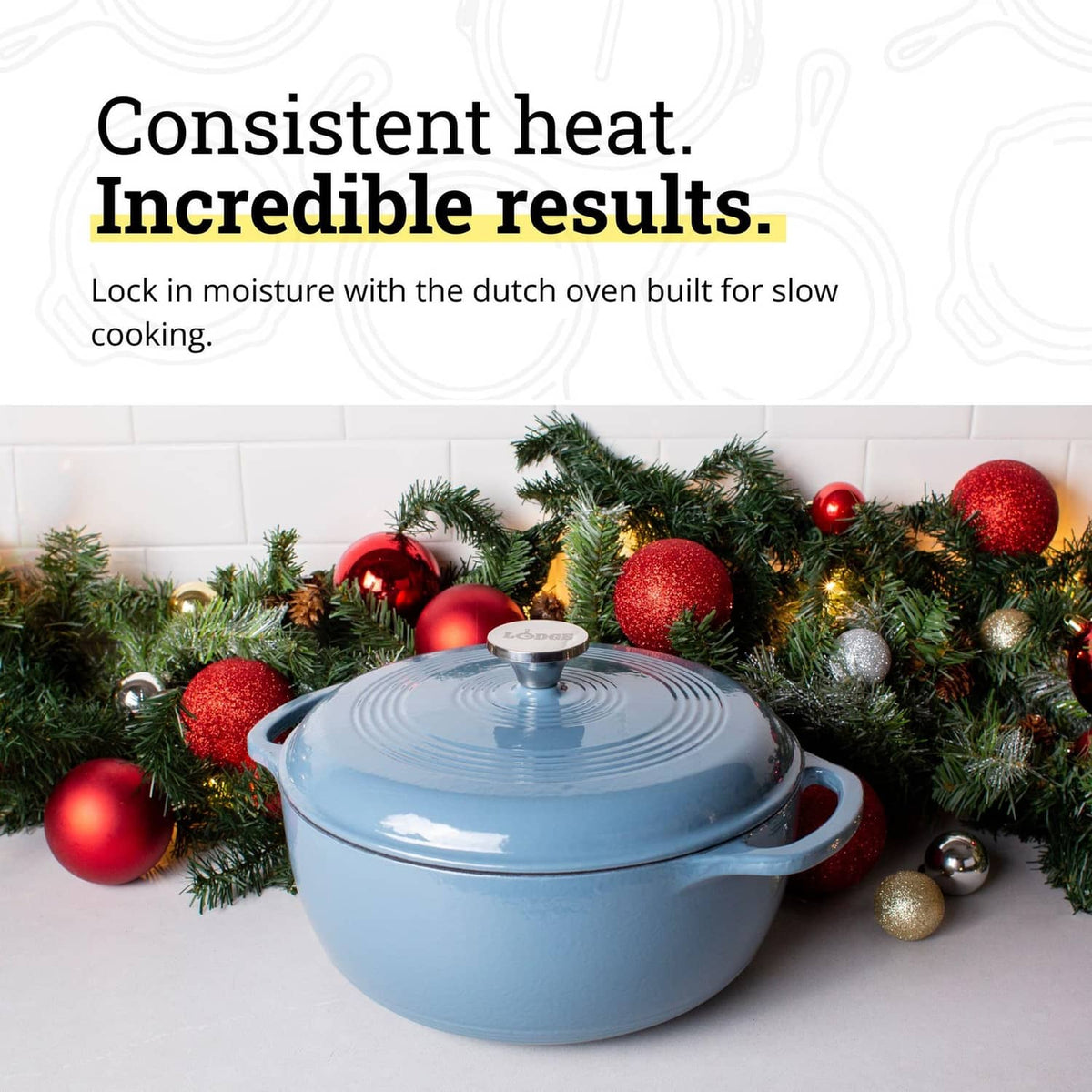 Storm blue enameled cast iron Dutch oven with domed lid and loop handles