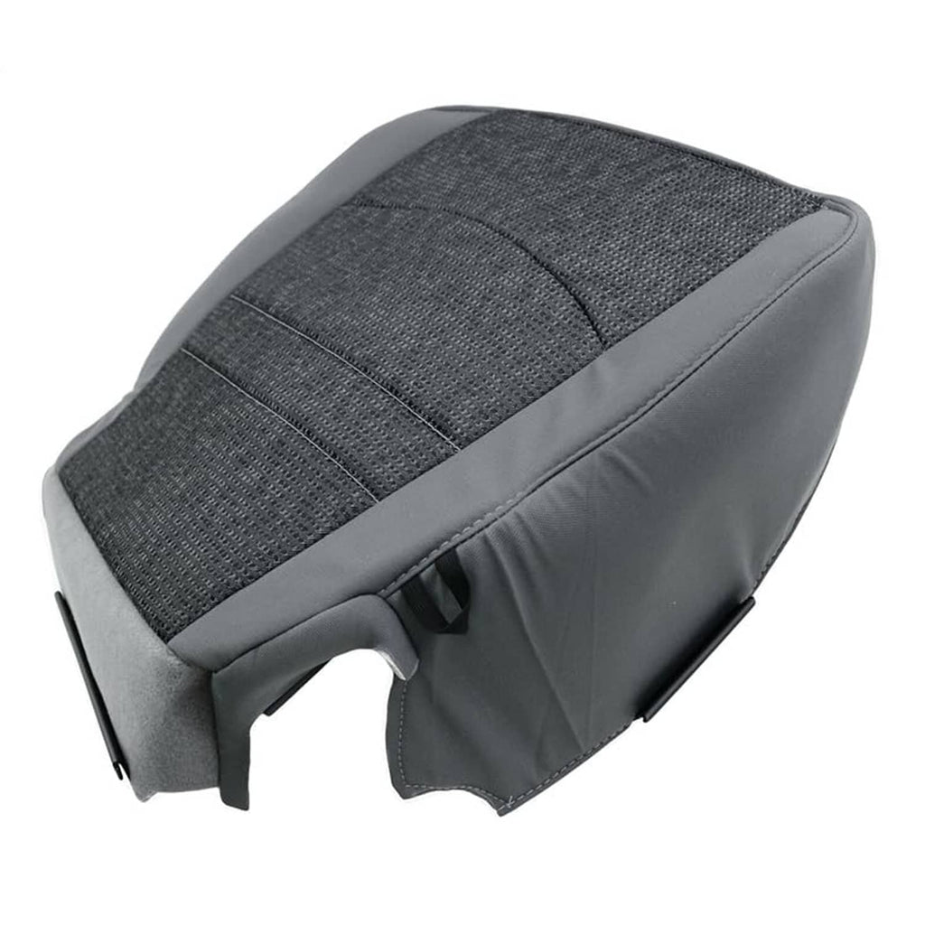 Gray fabric seat cover with textured top section and visible attachment clips