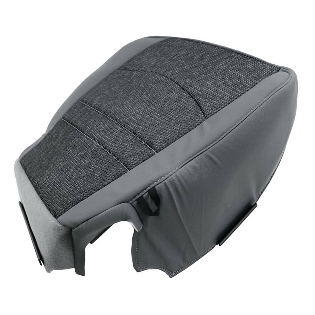 Gray fabric seat cover with textured top section and visible attachment clips