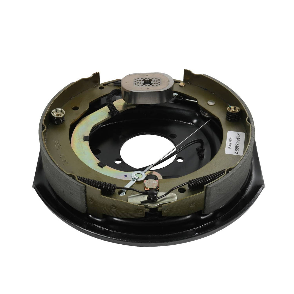 Electric trailer brake backing plate with actuator and springs, black and olive components