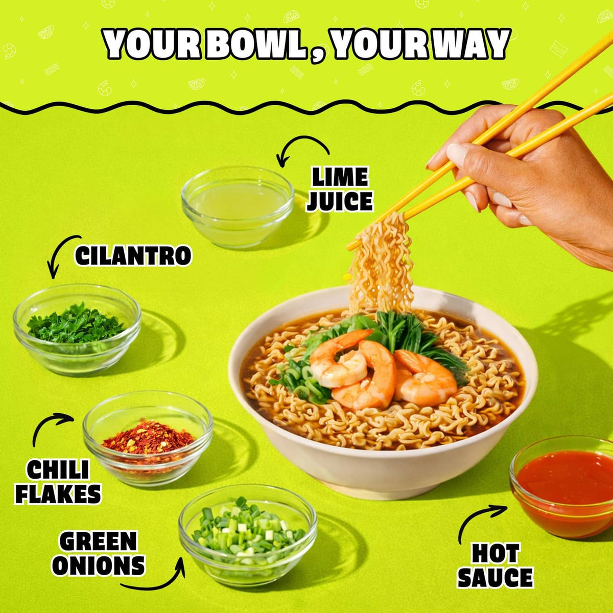 Maruchan ramen noodle soup bowl with shrimp and lime, with lime chili shrimp packet