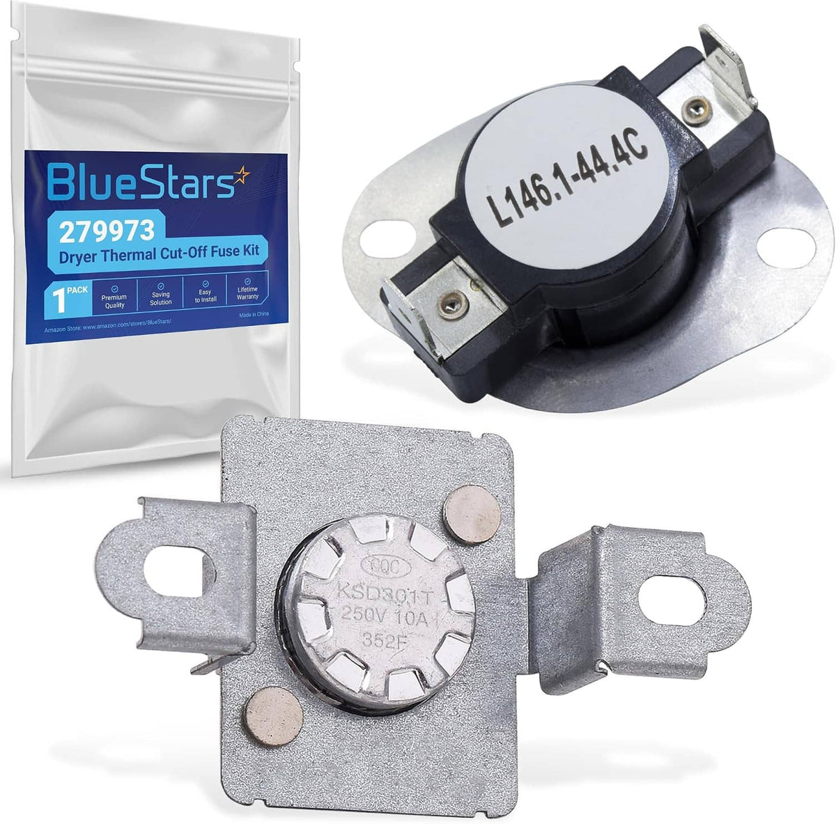 Dryer thermal cut-off thermostat kit with metal bracket and spade terminals
