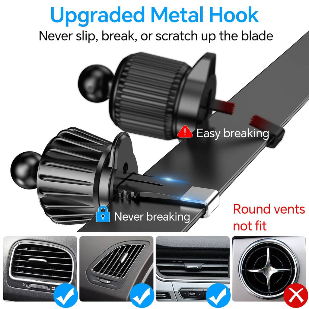 Black vent car mount clip with metal hook and secure fit for round vents