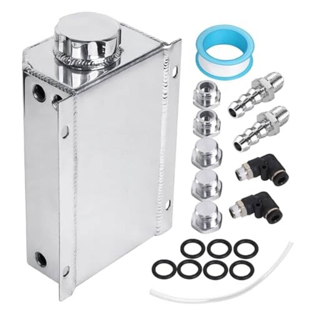 Silver aluminum coolant recovery tank with cap, blue seal, and assorted hose fittings