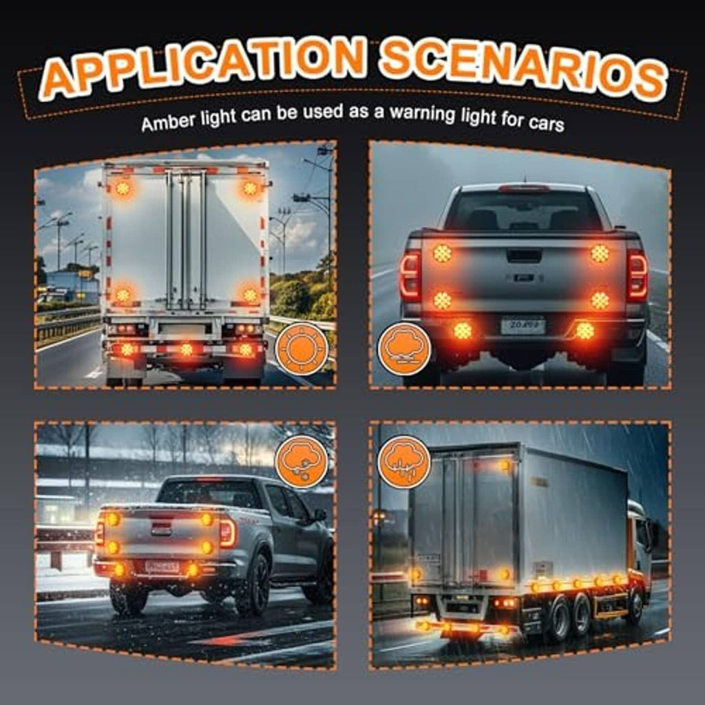 Amber warning strobe lights mounted on a truck and SUV rear, circular LED glow