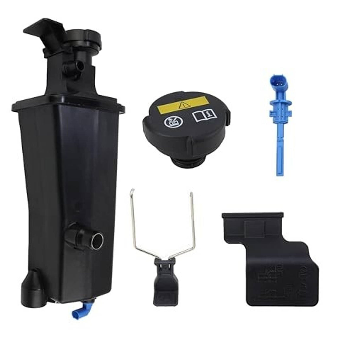 Engine coolant overflow recovery tank kit with sensor cap, clips, and blue vent fitting