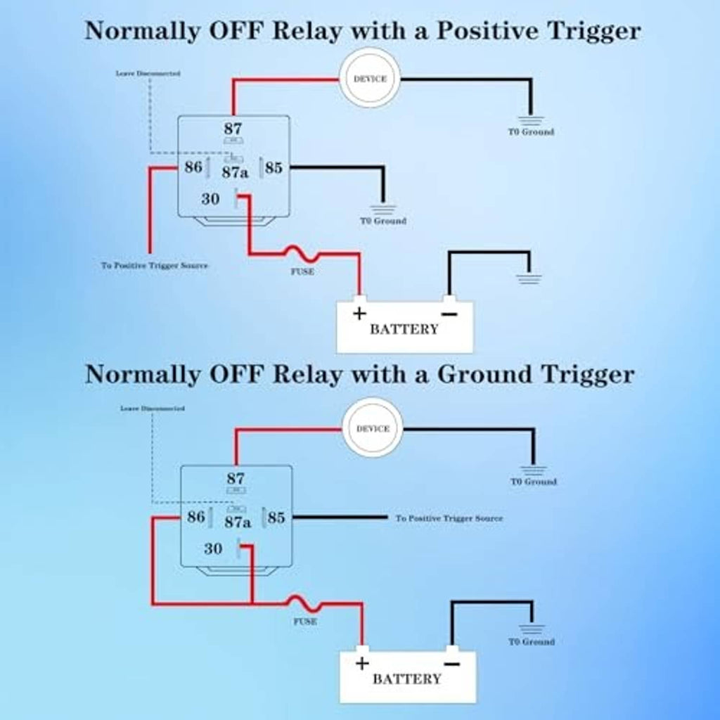 Normally-off relay wiring diagram showing positive and ground trigger connections