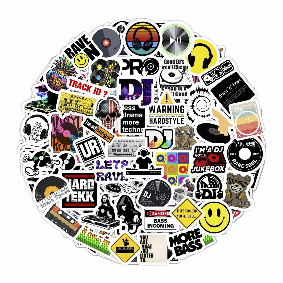 Assorted DJ-themed vinyl stickers sheet with turntables, warning icons, and music symbols