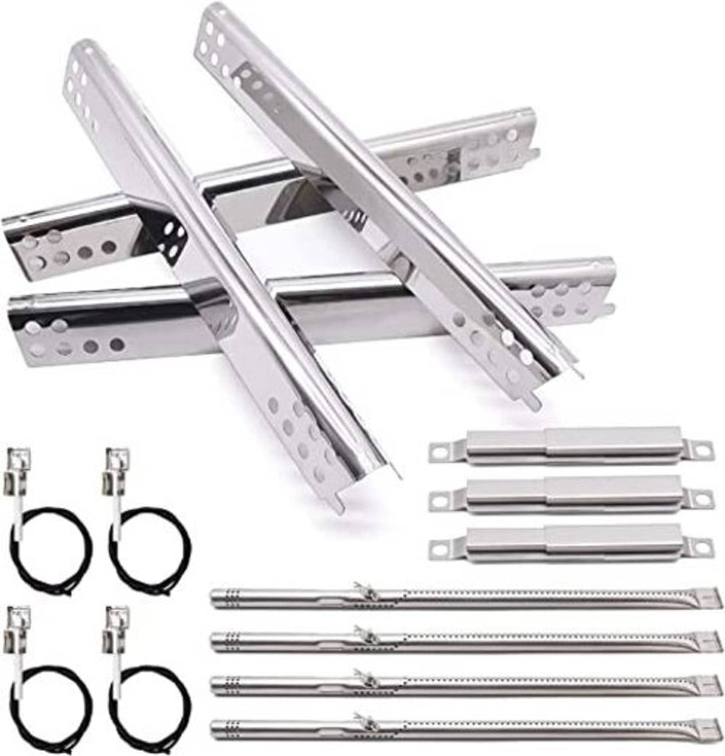 Stainless steel grill crossover tube set with brackets, burner rods, and igniter wires