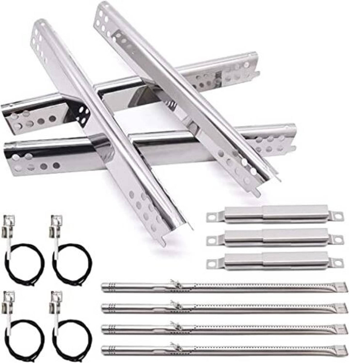 Stainless steel grill crossover tube set with brackets, burner rods, and igniter wires