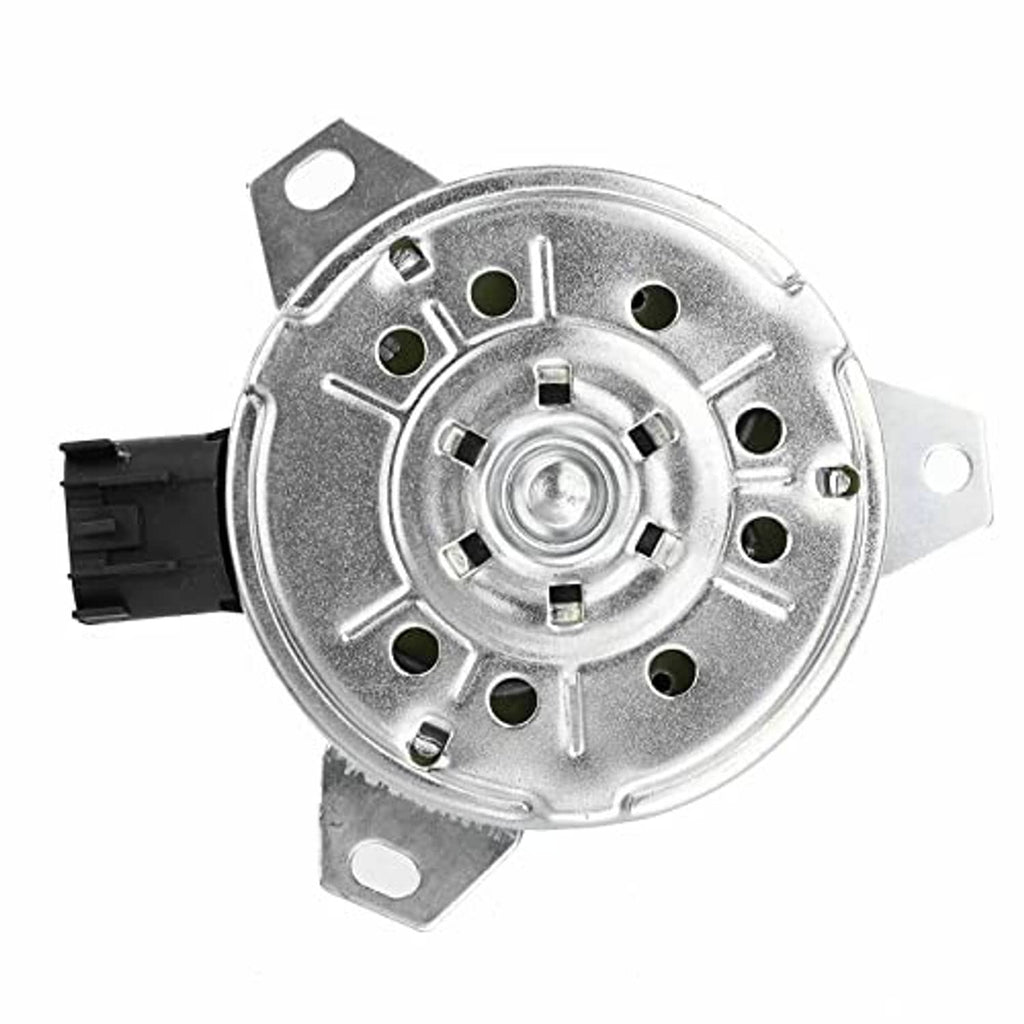 Radiator fan cooling motor with round underside plate, metal terminals, and wiring plug