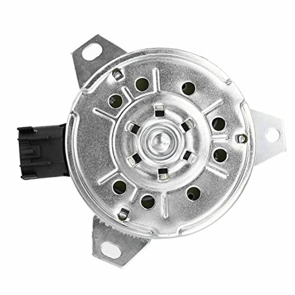 Radiator fan cooling motor with round underside plate, metal terminals, and wiring plug