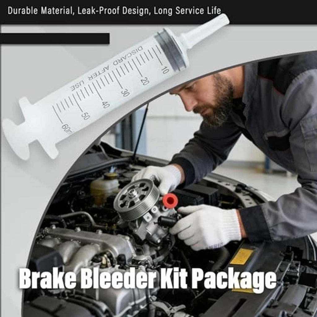 Brake bleeder kit syringe and bottle with measurement markings for vehicle brake servicing