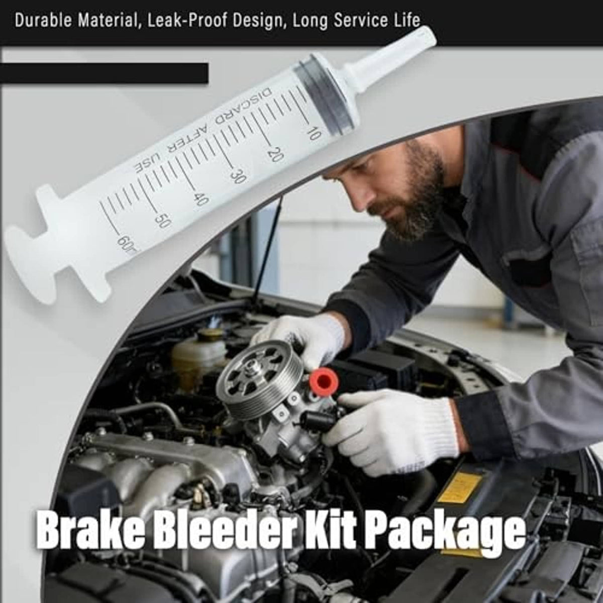Brake bleeder kit syringe and bottle with measurement markings for vehicle brake servicing