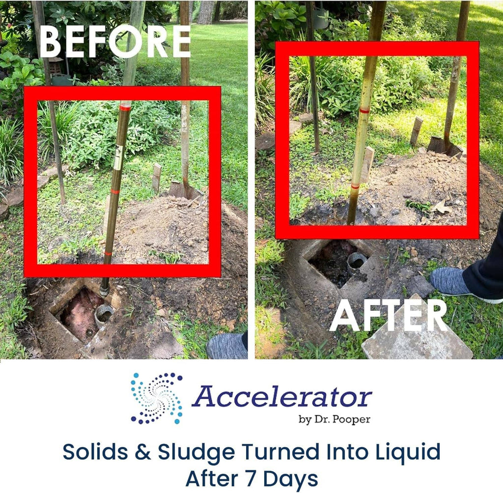Before-and-after outdoor drain field photos with Accelerator branding and 'Solids to liquid'