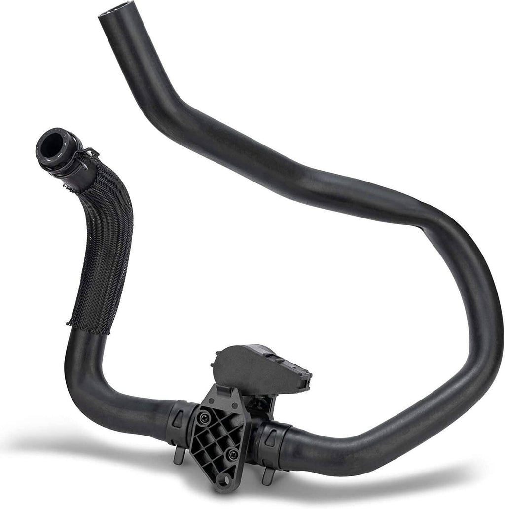 Black rubber heater hose with mesh sleeve and valve housing at connection end
