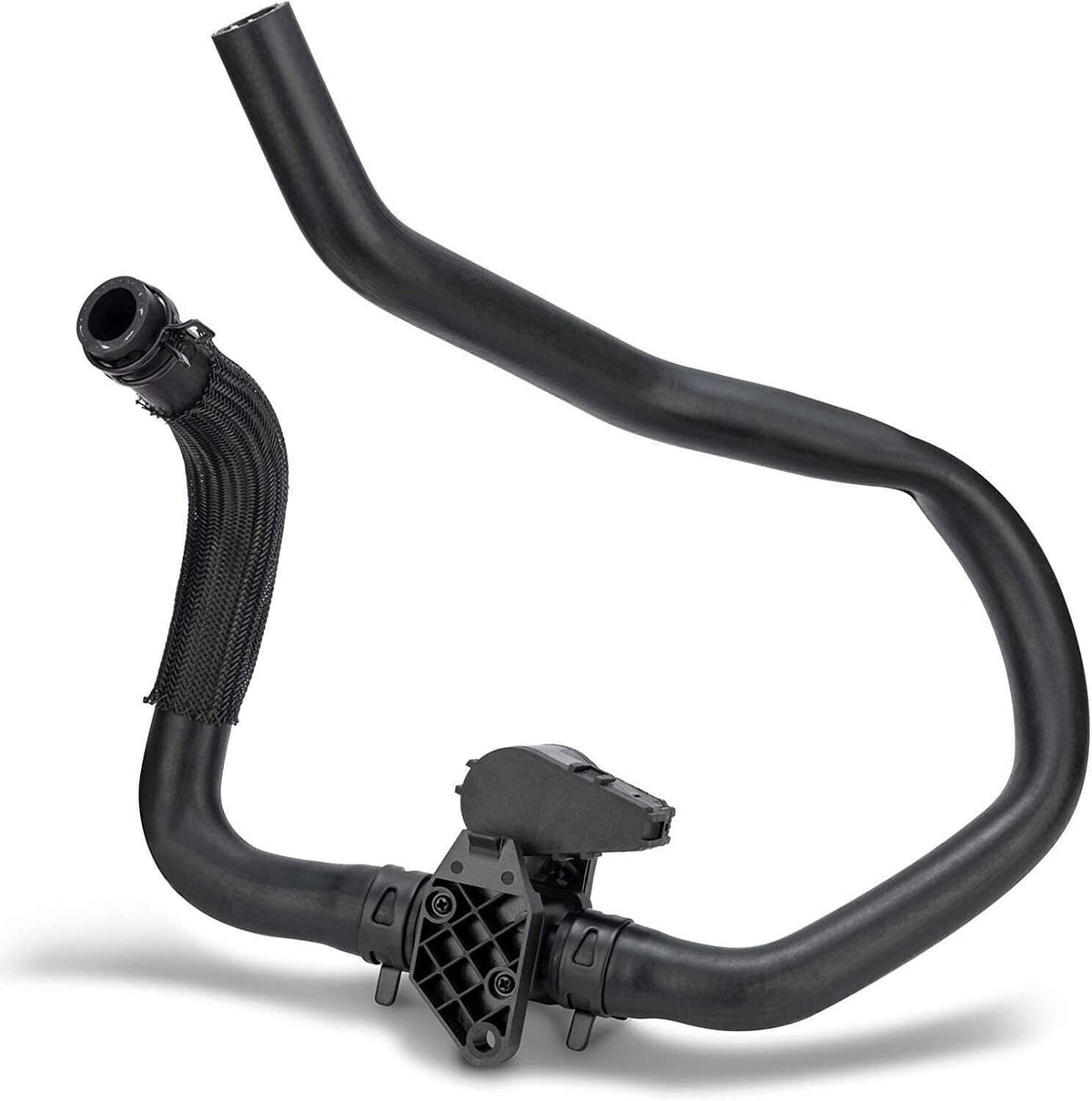 Black rubber heater hose with mesh sleeve and valve housing at connection end