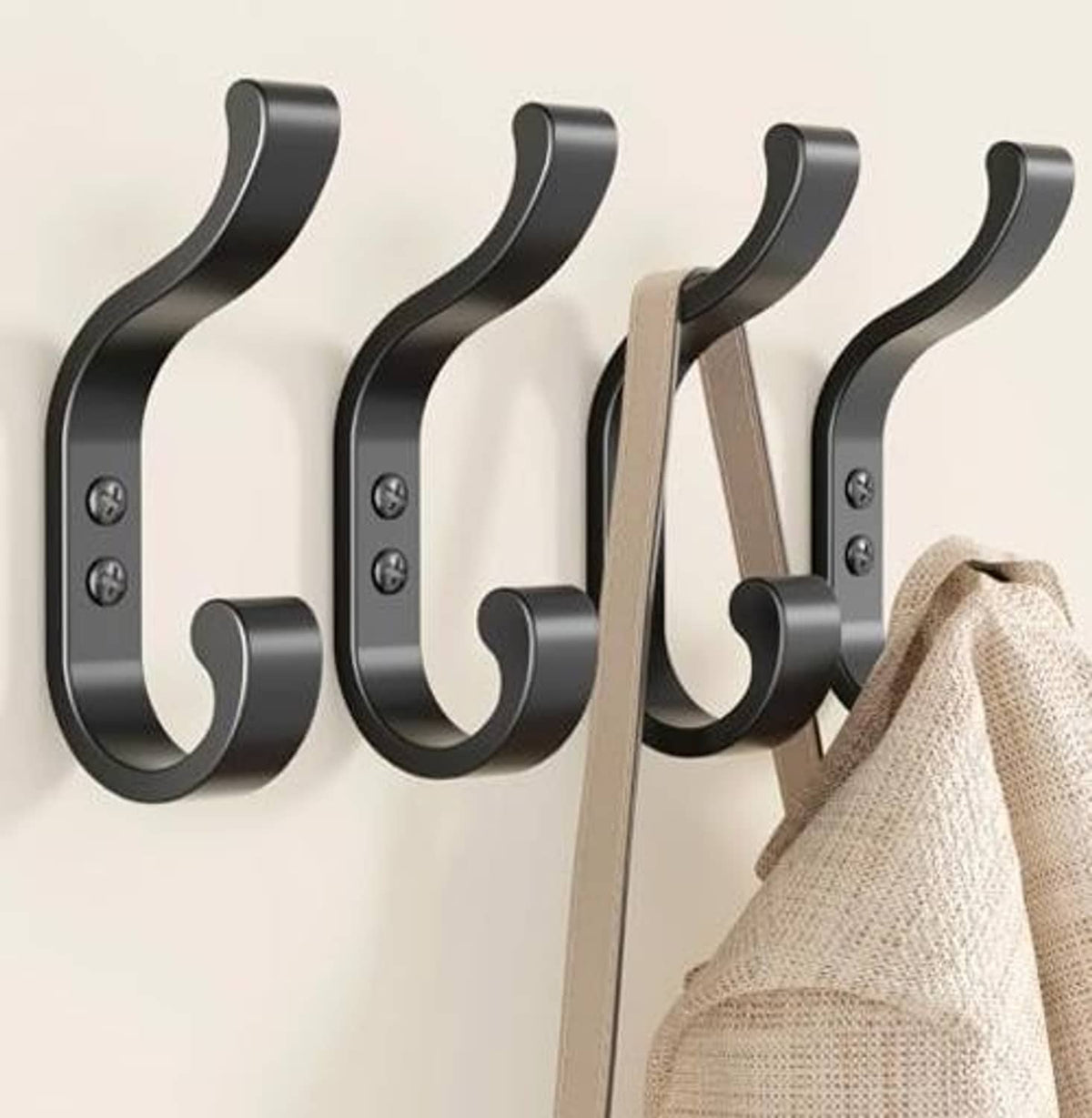 Four matte black wall hooks with screw mount plates and curved hanging tips