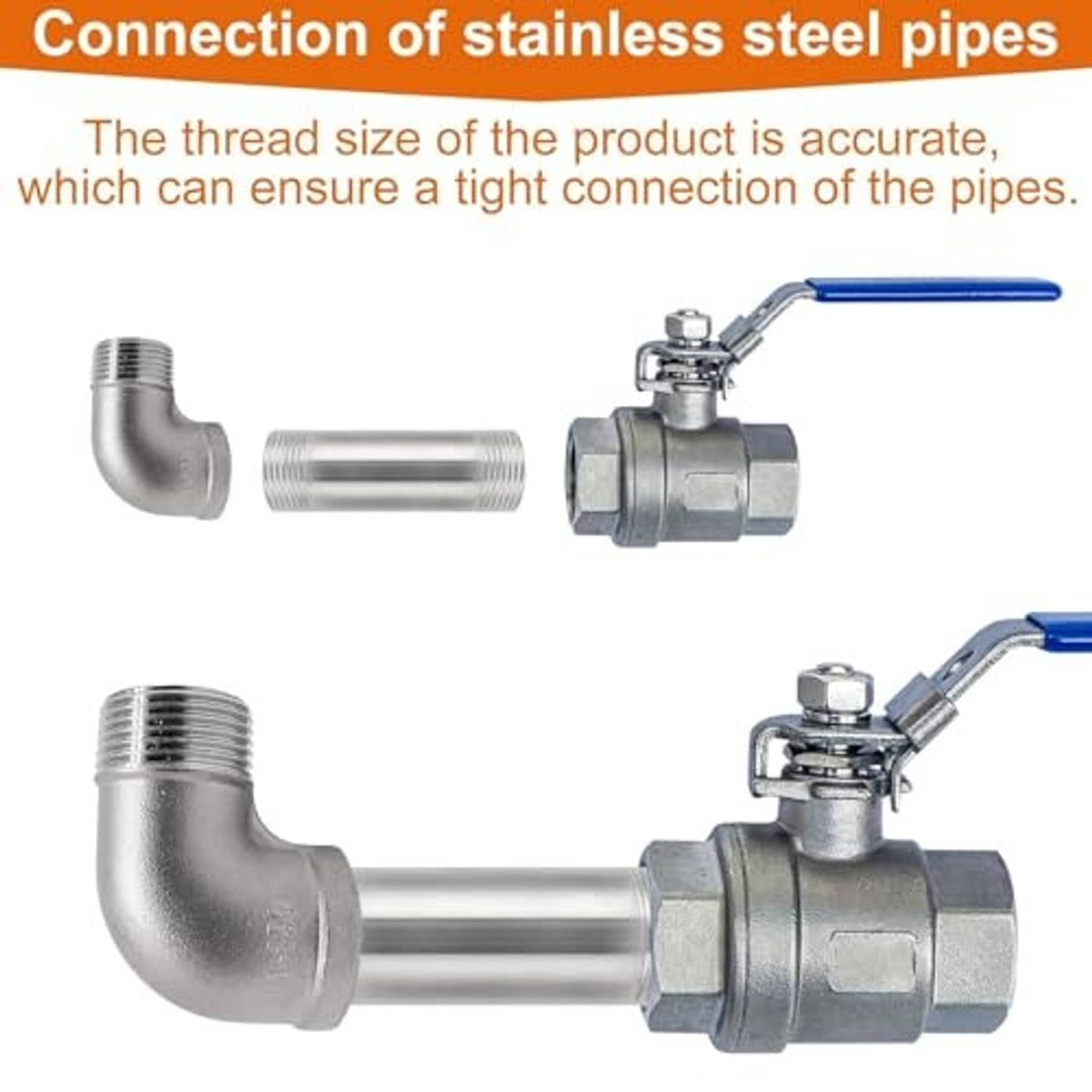 Stainless steel 90-degree elbow fitting showing threaded connection to pipes