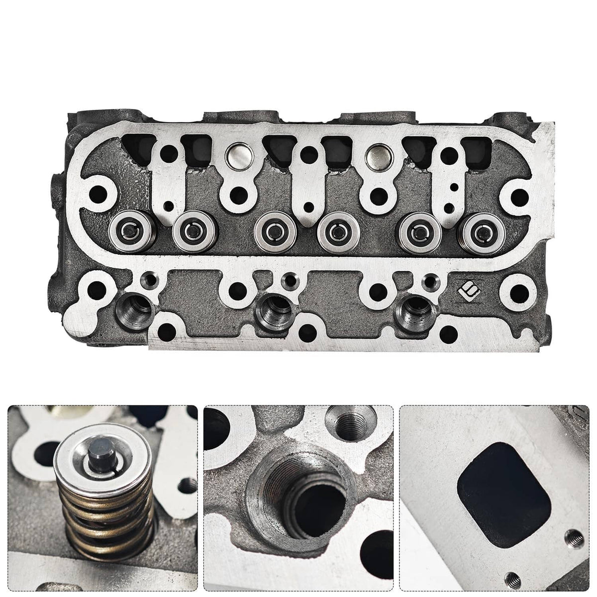 Cylinder head gasket kit, top view of gray head with rocker and spring seats