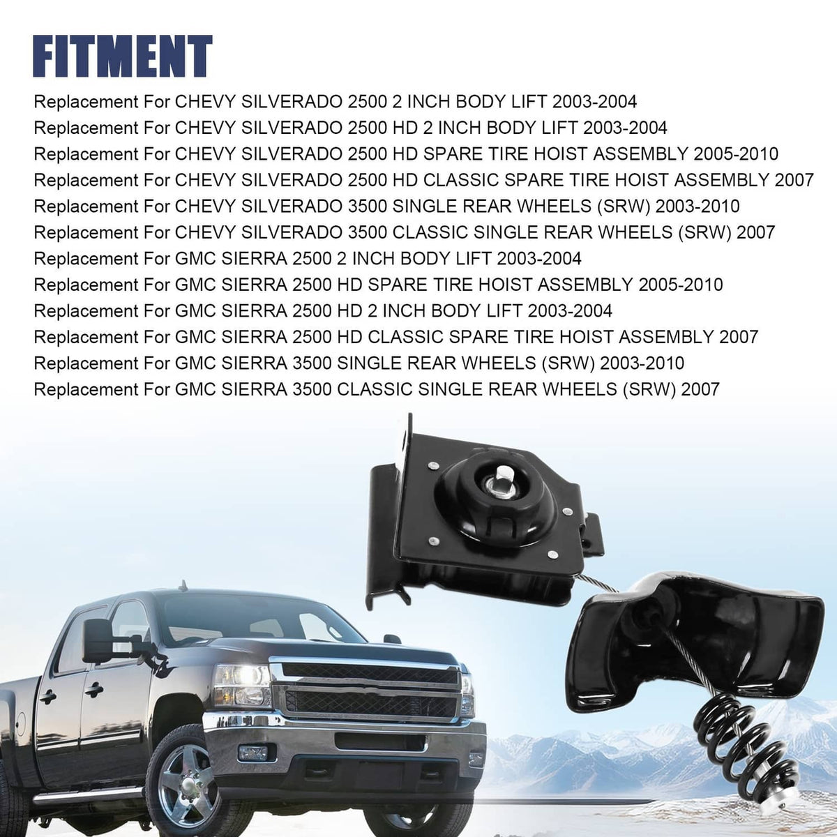 Black spare tire hoist mount with spring and lifting lever, bracket for installation