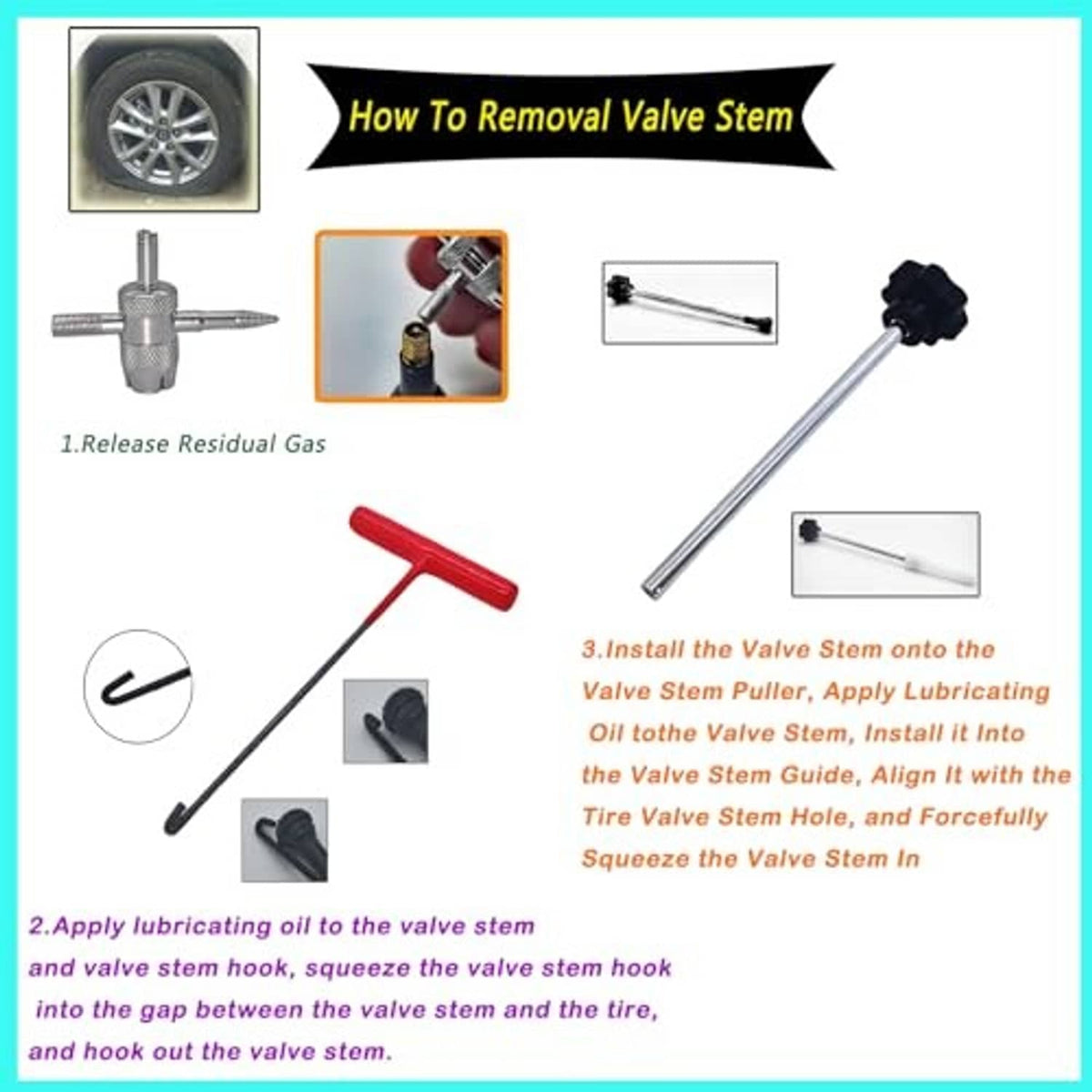 Tire valve stem removal tool with long metal rod, black head, and red hook handle