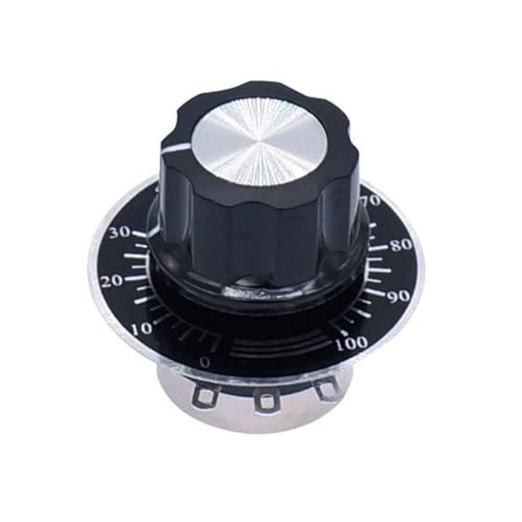 Rotary potentiometer with black knurled top knob and dial face marked 0–100