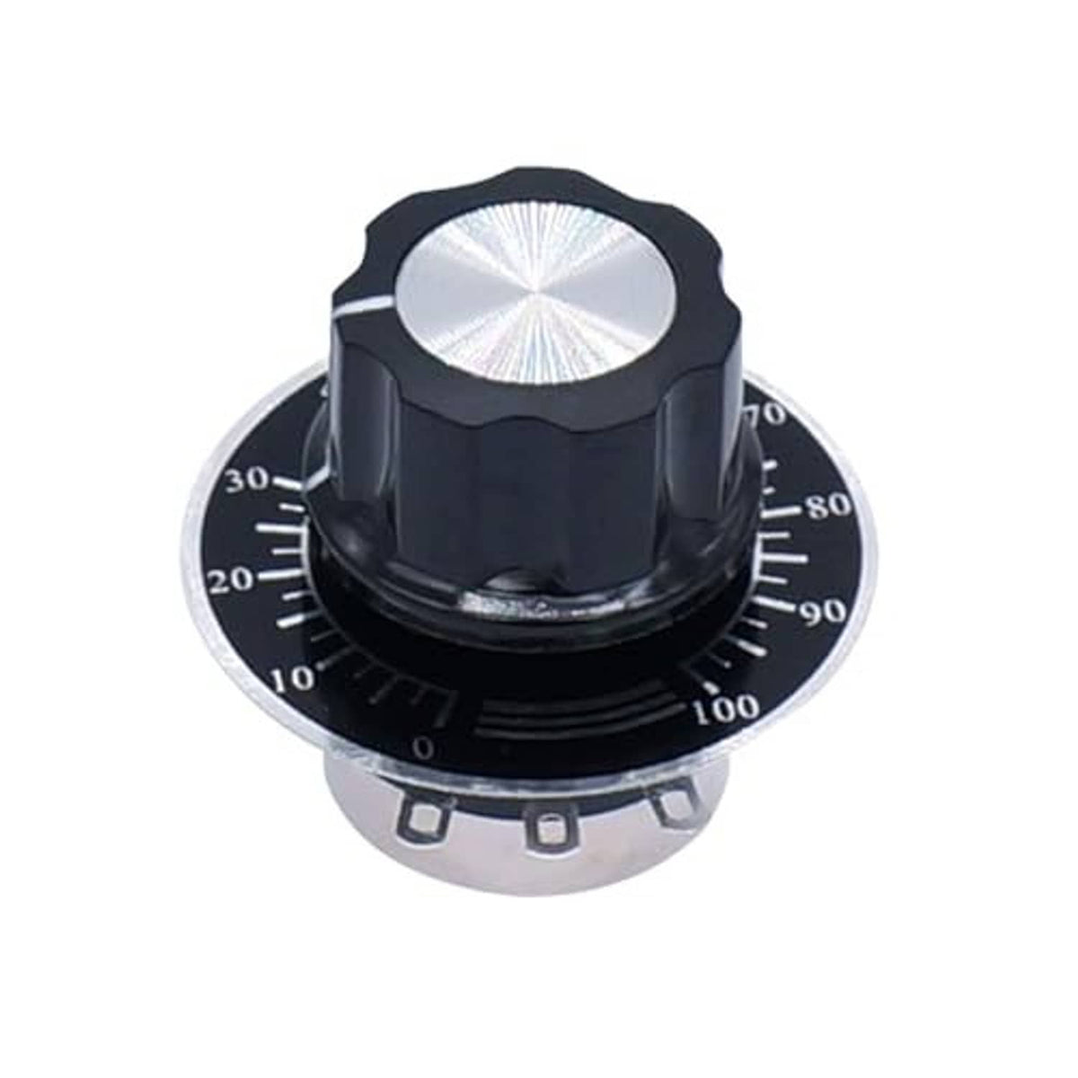 Rotary potentiometer with black knurled top knob and dial face marked 0–100