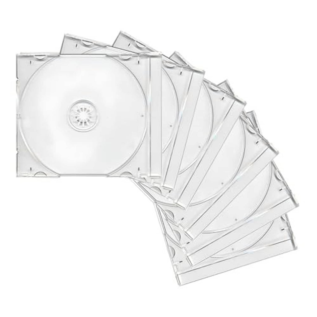 Six clear CD jewel cases with discs, stacked and ready for storage
