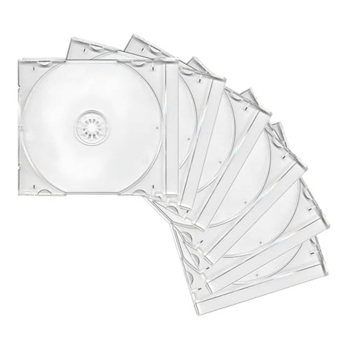 Six clear CD jewel cases with discs, stacked and ready for storage