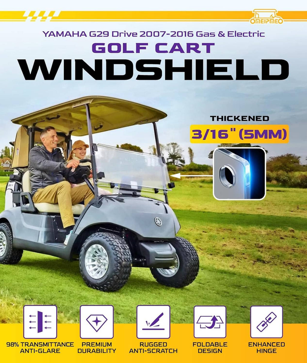 Golf cart windshield installed on an orange utility golf cart with clear panel