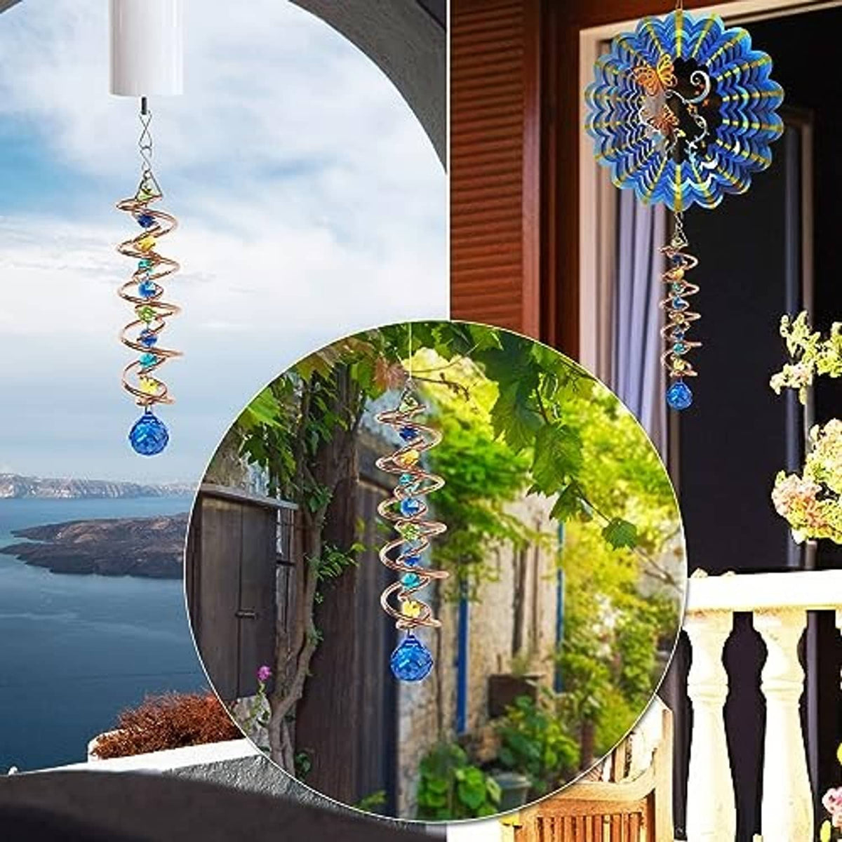 Outdoor blue-copper spiral wind spinner with blue crystal drop and multicolor glass beads