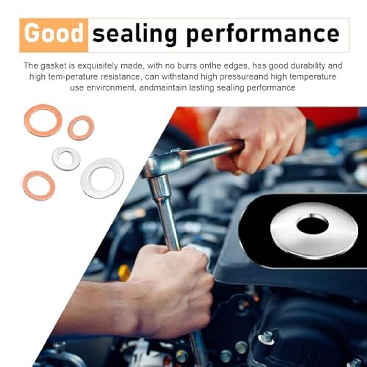 Oil drain plug gasket washers kit with copper and silver rings, plus tool and drain area