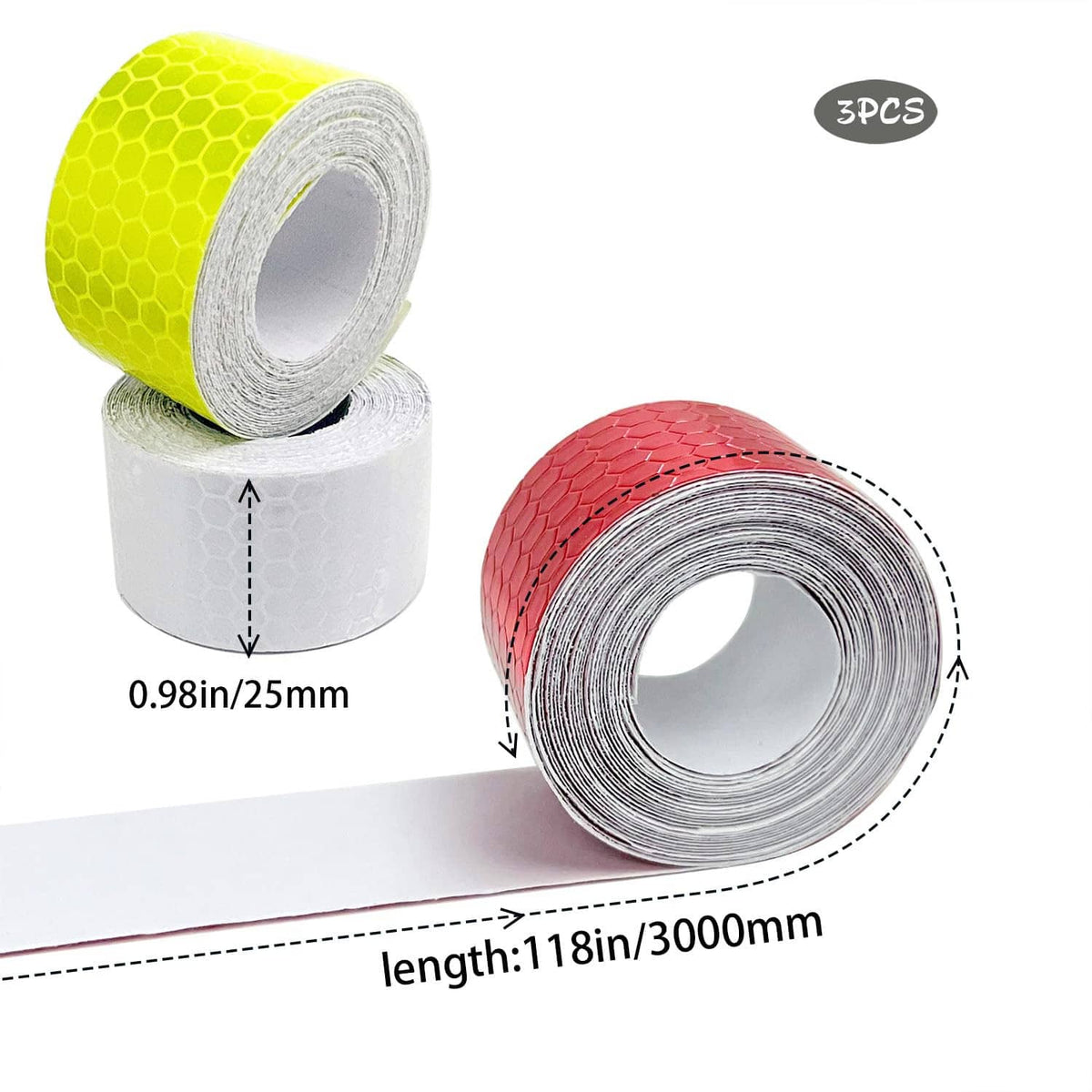 3 reflective tape rolls; width 0.98in/25mm, length 118in/3000mm