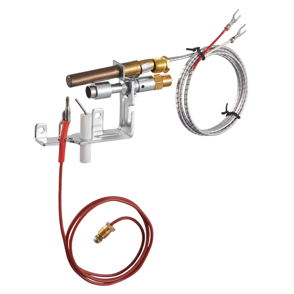 Gas pilot ignition assembly with metal bracket, braided tubing, and red thermocouple lead