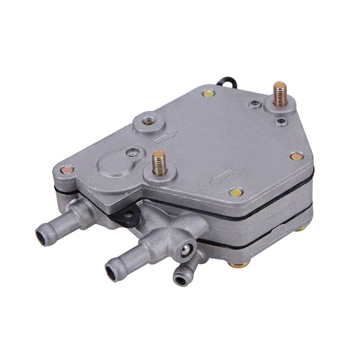 Carburetor fuel pump assembly with metal housing, two fuel ports, mounting holes