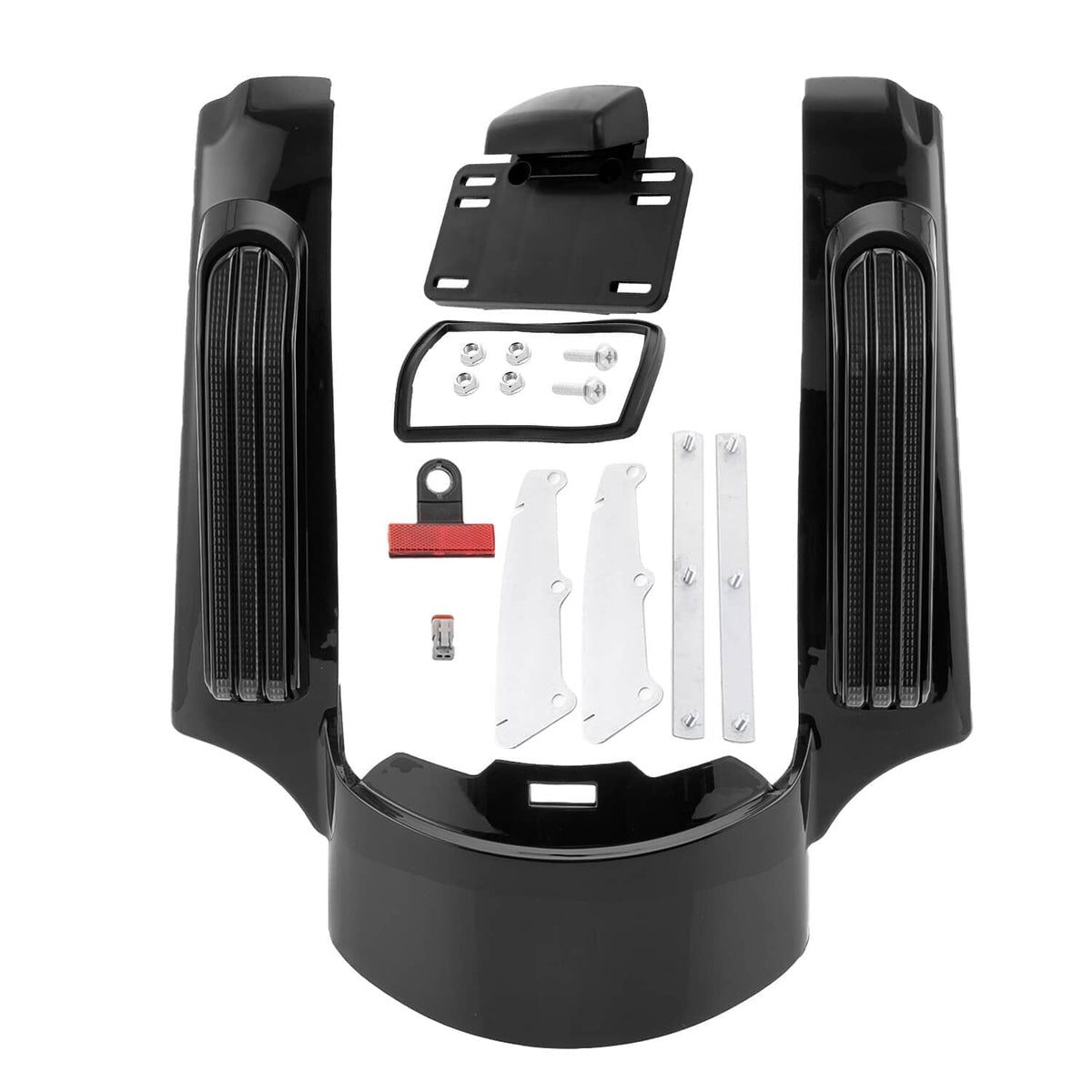 Black LED rear fender fascia kit with two vertical light modules and mounting parts
