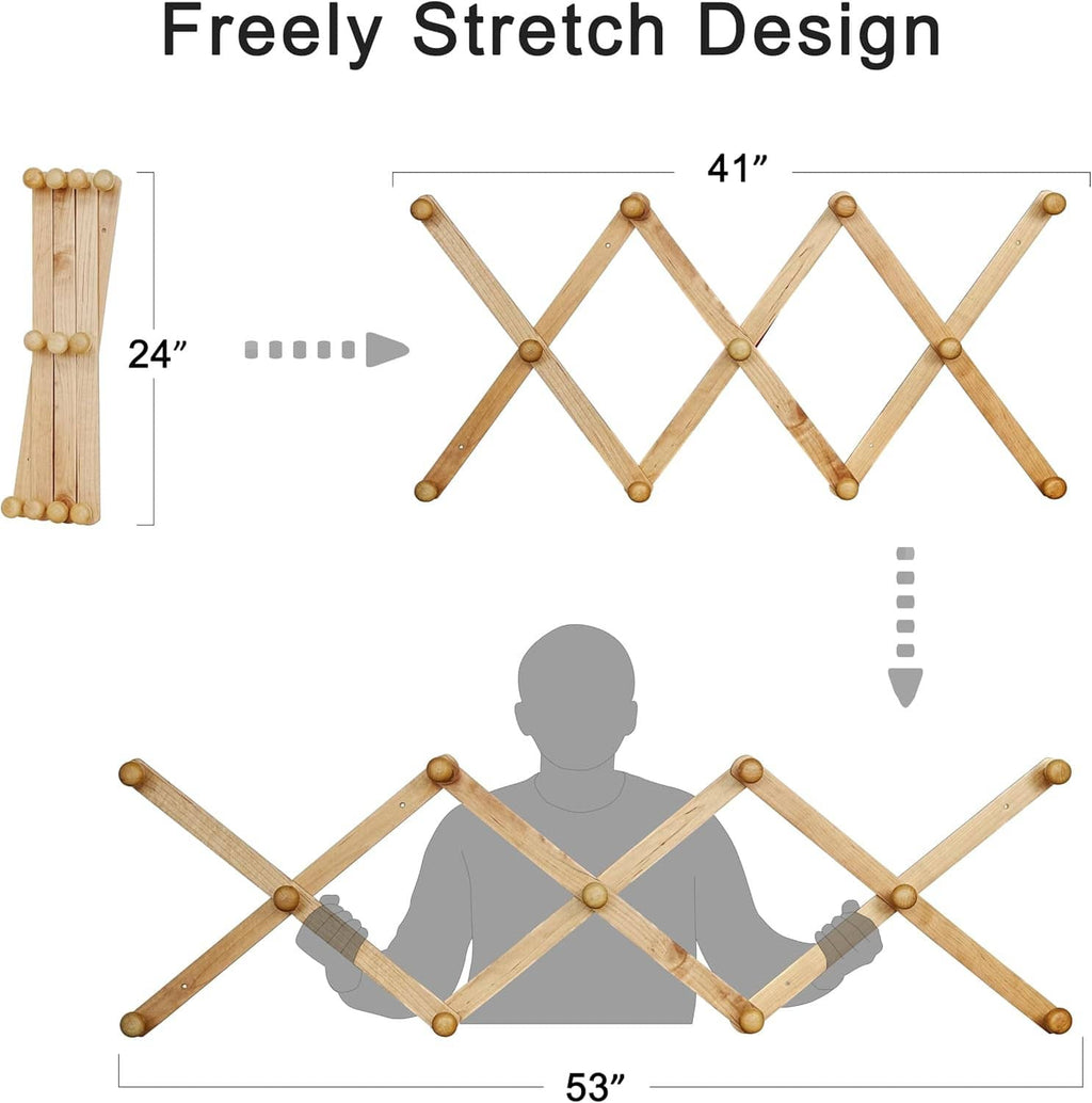 Illustration of expandable wooden accordion hat rack with zigzag hooks and stretch range