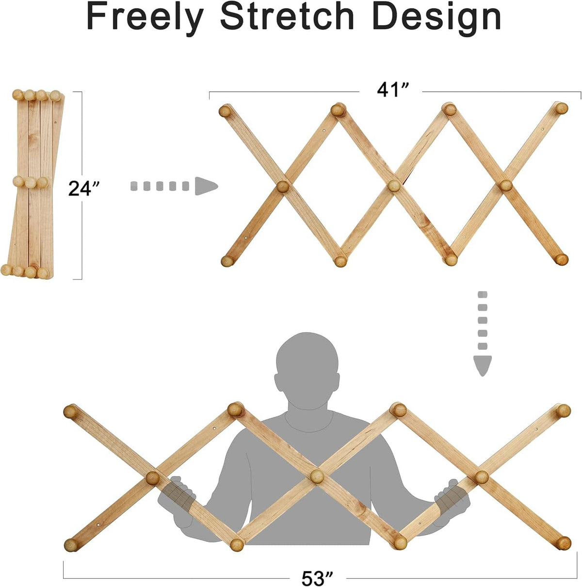 Illustration of expandable wooden accordion hat rack with zigzag hooks and stretch range