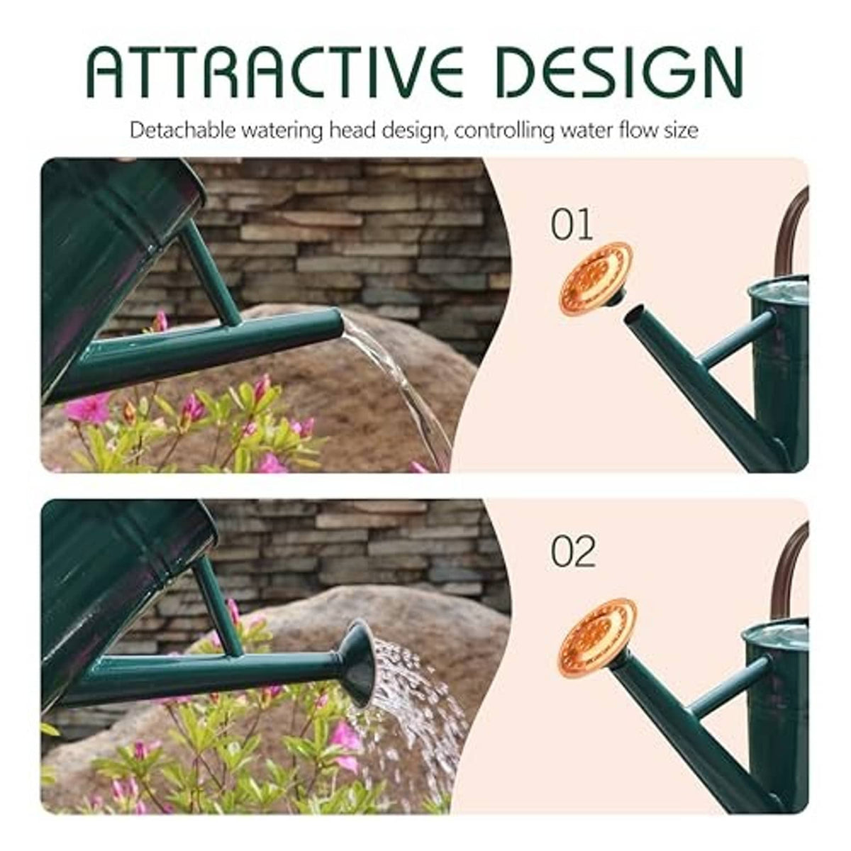 Teal metal watering can with detachable spray head showing adjustable water flow