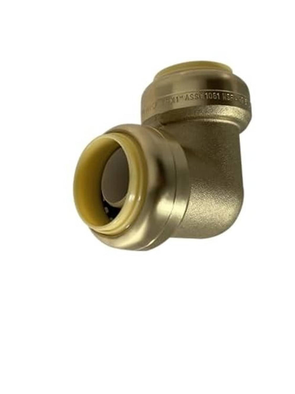 Brass 1-inch push-fit elbow fitting, angled side view with socket opening