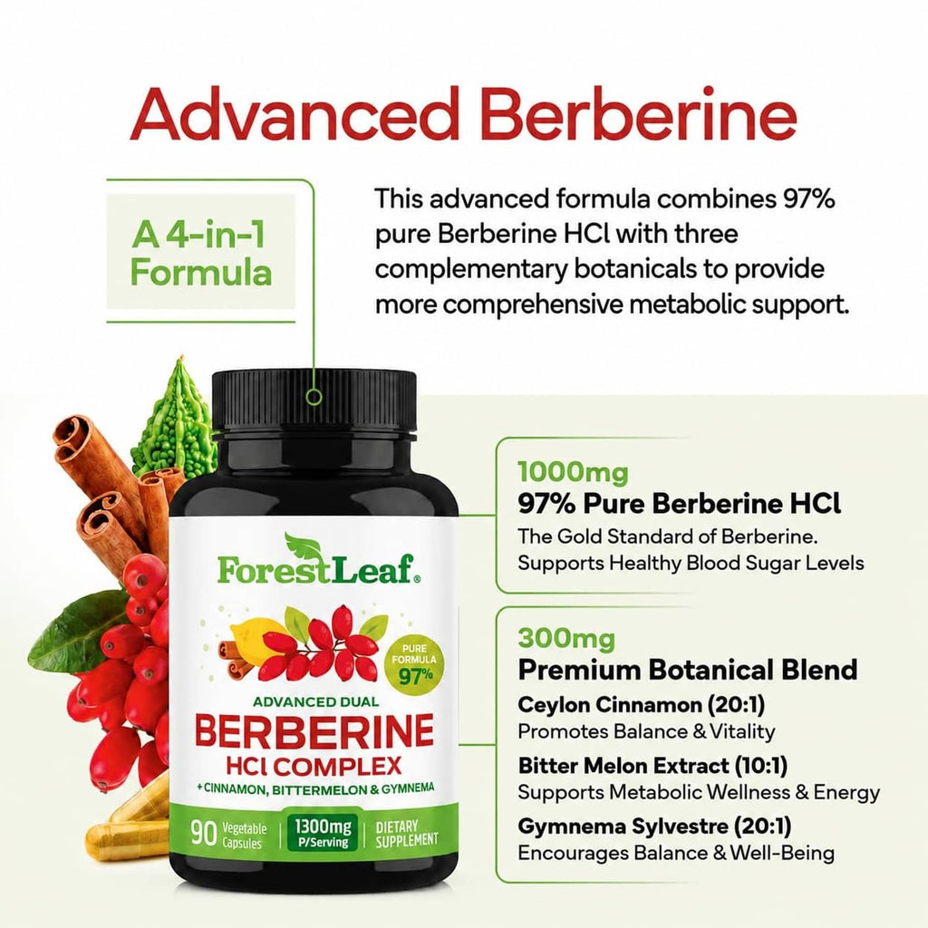 ForestLeaf Advanced Berberine HCL Complex bottle with 90 vegetarian capsules front label