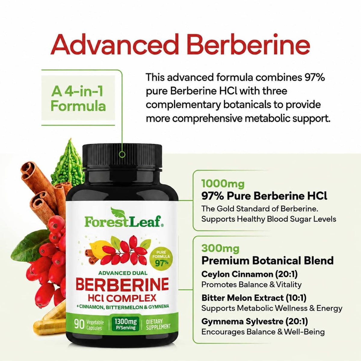 ForestLeaf Advanced Berberine HCL Complex bottle with 90 vegetarian capsules front label