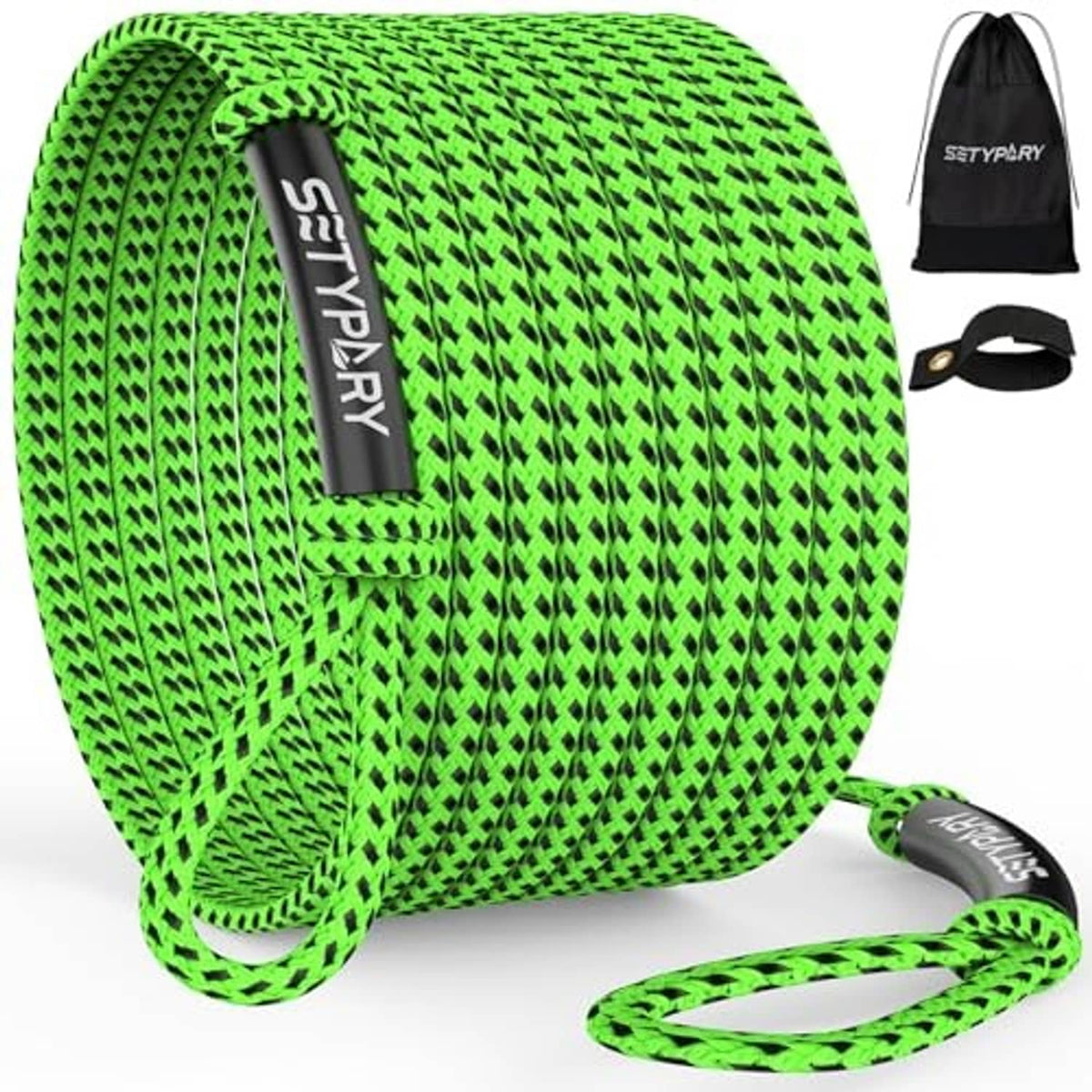 Coiled green and black woven tow rope with loose end and matching storage bag